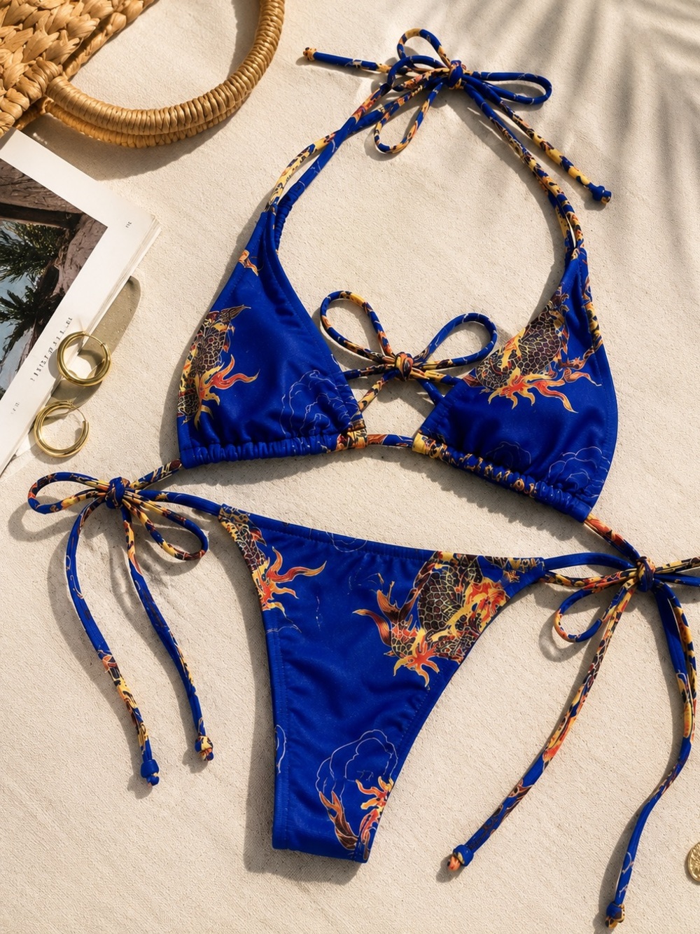Blue Dragon Print XS Bikini Set Triangle Side Tie Thong Y2K Festival Swim Photo